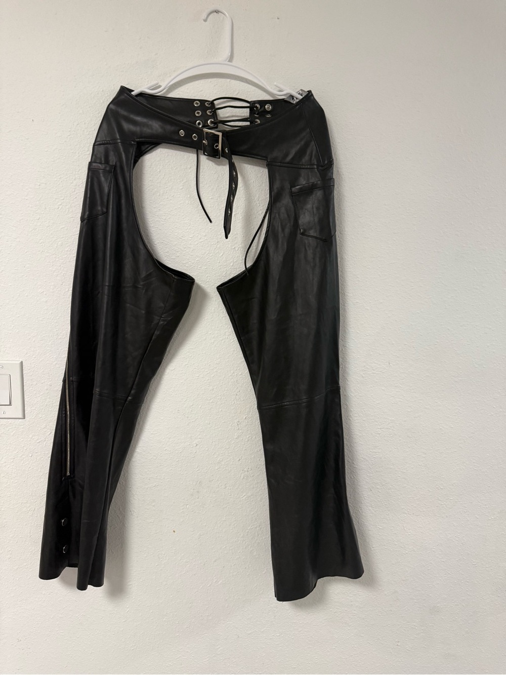 Black Faux Leather Lace-Up Open-Front Chaps with pockets 55%polyester 45% pu